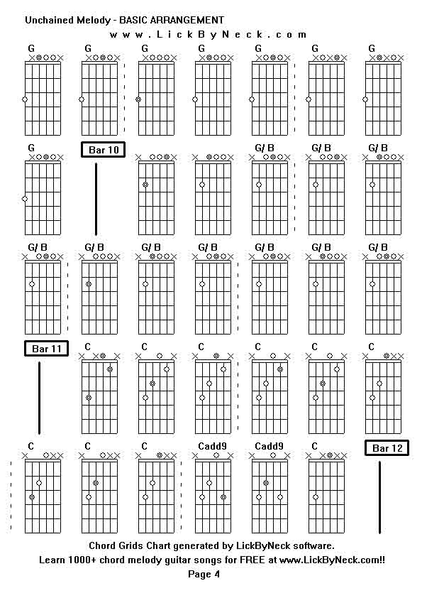 Chord Grids Chart of chord melody fingerstyle guitar song-Unchained Melody - BASIC ARRANGEMENT,generated by LickByNeck software.